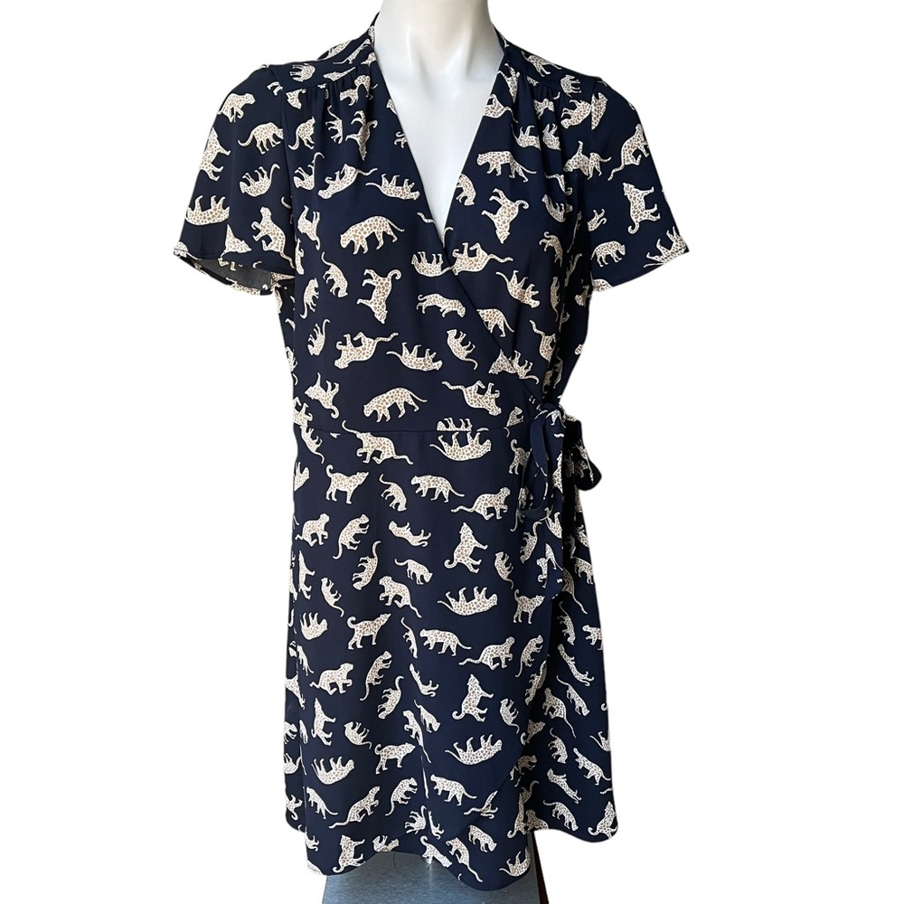J. Crew Factory Navy and White Dinosaur Wrap Dress